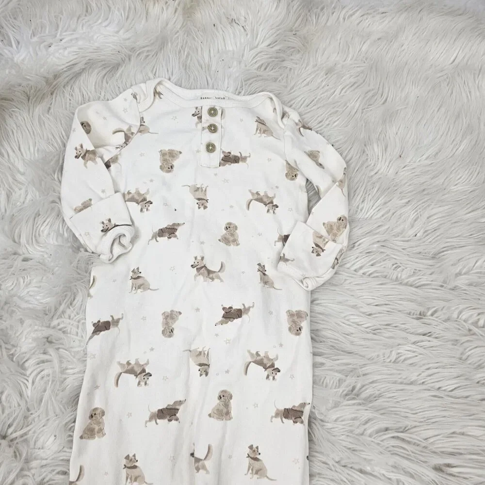 Rabbit Bear White Puppy Print Knot Gown Size 6-9M Months